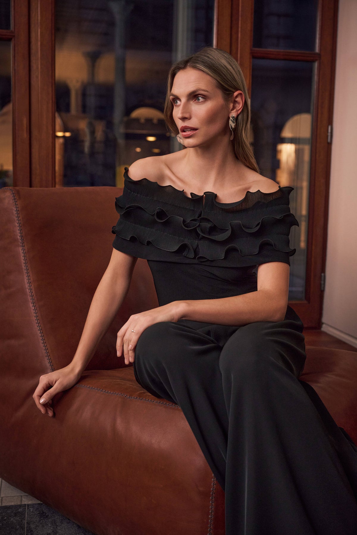 Joseph Ribkoff Black Silky Knit Off-Shoulder Top With Ruffles