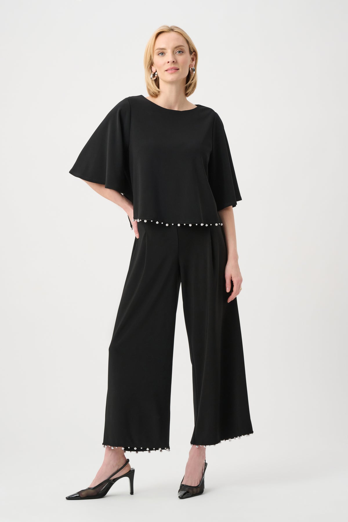 Joseph Ribkoff Black Silky Knit Pearl-Trim Culotte Pants