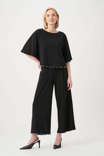 Joseph Ribkoff Black Silky Knit Pearl-Trim Culotte Pants