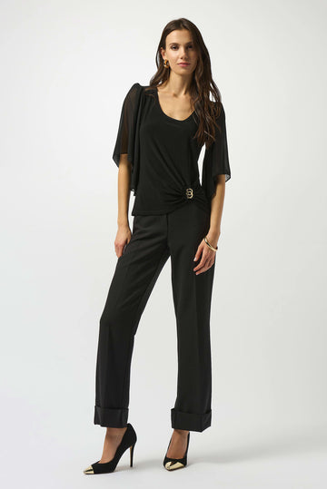 Joseph Ribkoff Black Silky Knit and Chiffon Fitted Top