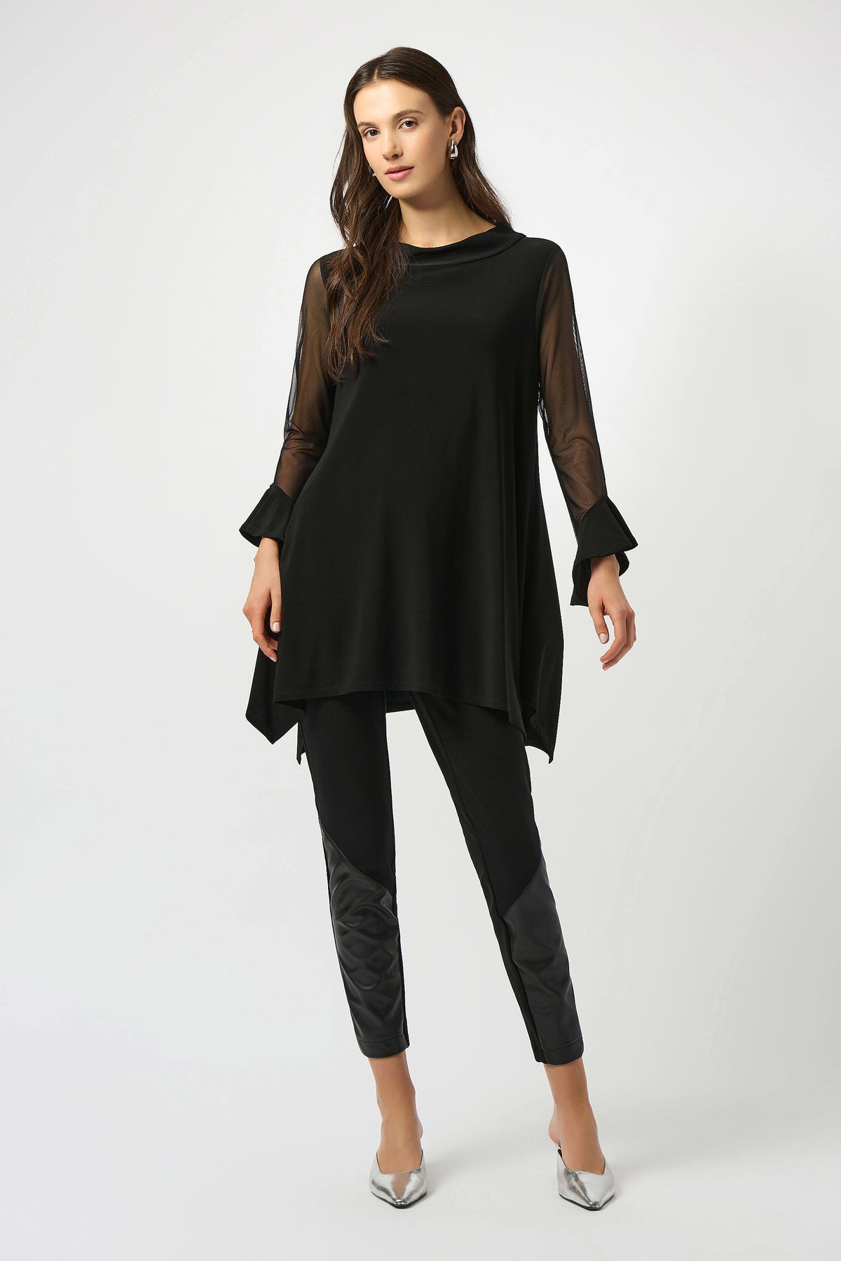 Joseph Ribkoff Black Silky Knit and Mesh Handkerchief Tunic