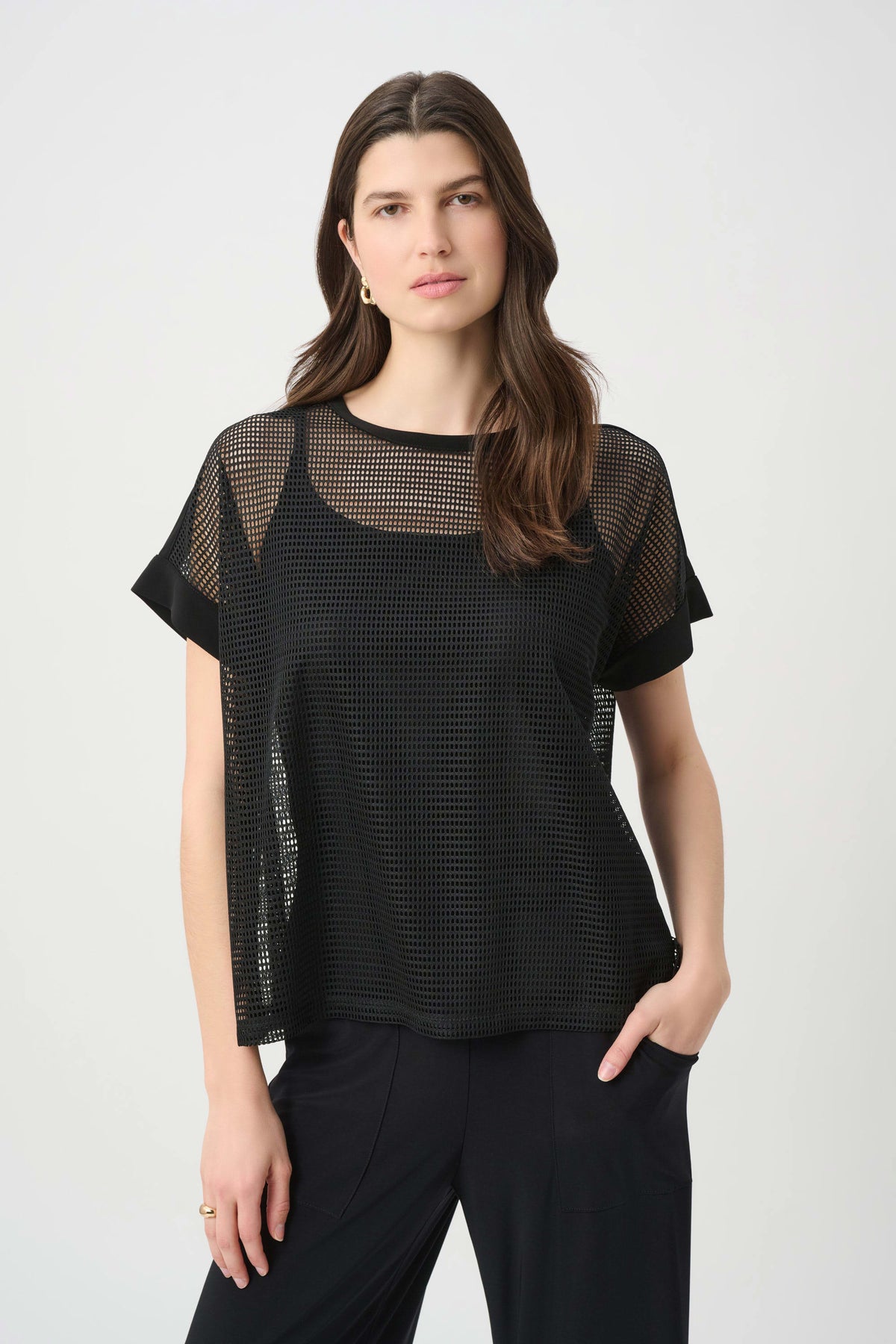 Joseph Ribkoff Black Silky Knit and Mesh Straight Top