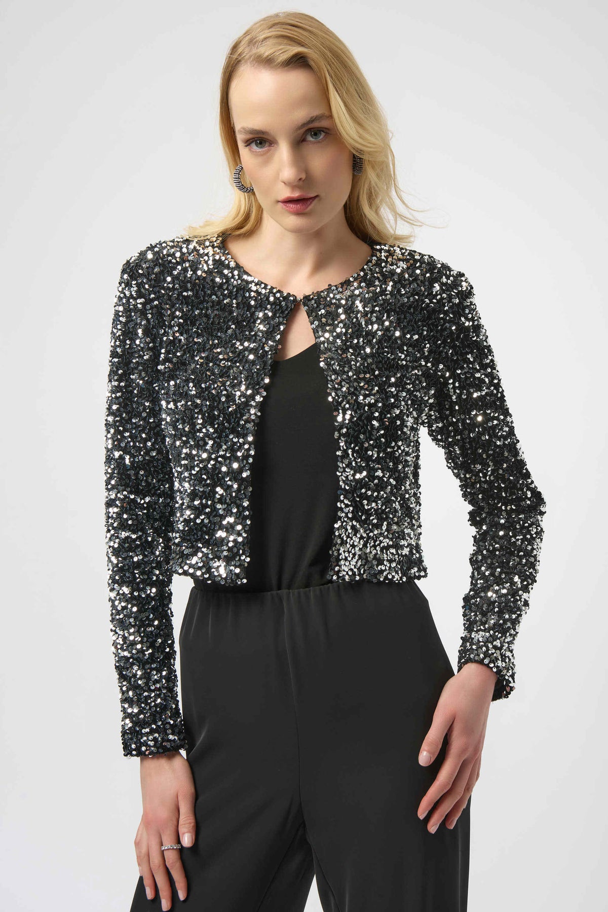 Joseph Ribkoff Black/Silver Sequined Velvet Cropped Cover-Up