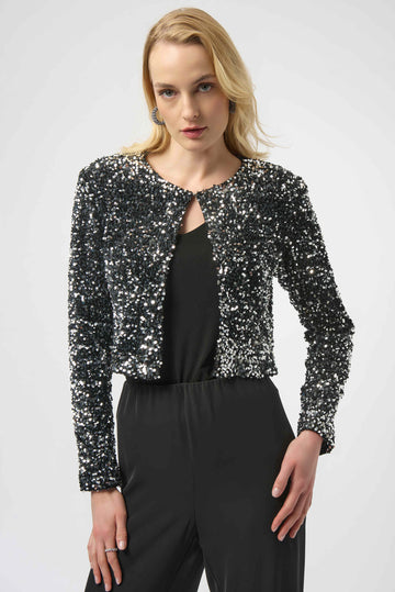 Joseph Ribkoff Black/Silver Sequined Velvet Cropped Cover-Up