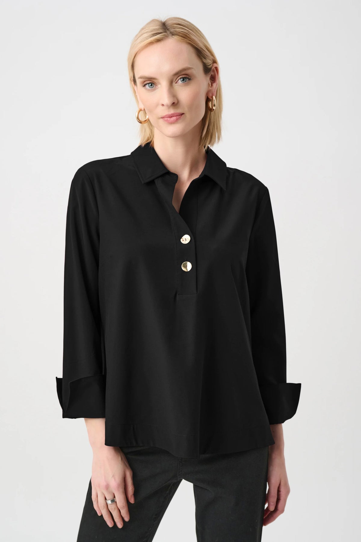 Joseph Ribkoff Black Stretch Poplin Shirt-Collar Boxy Top