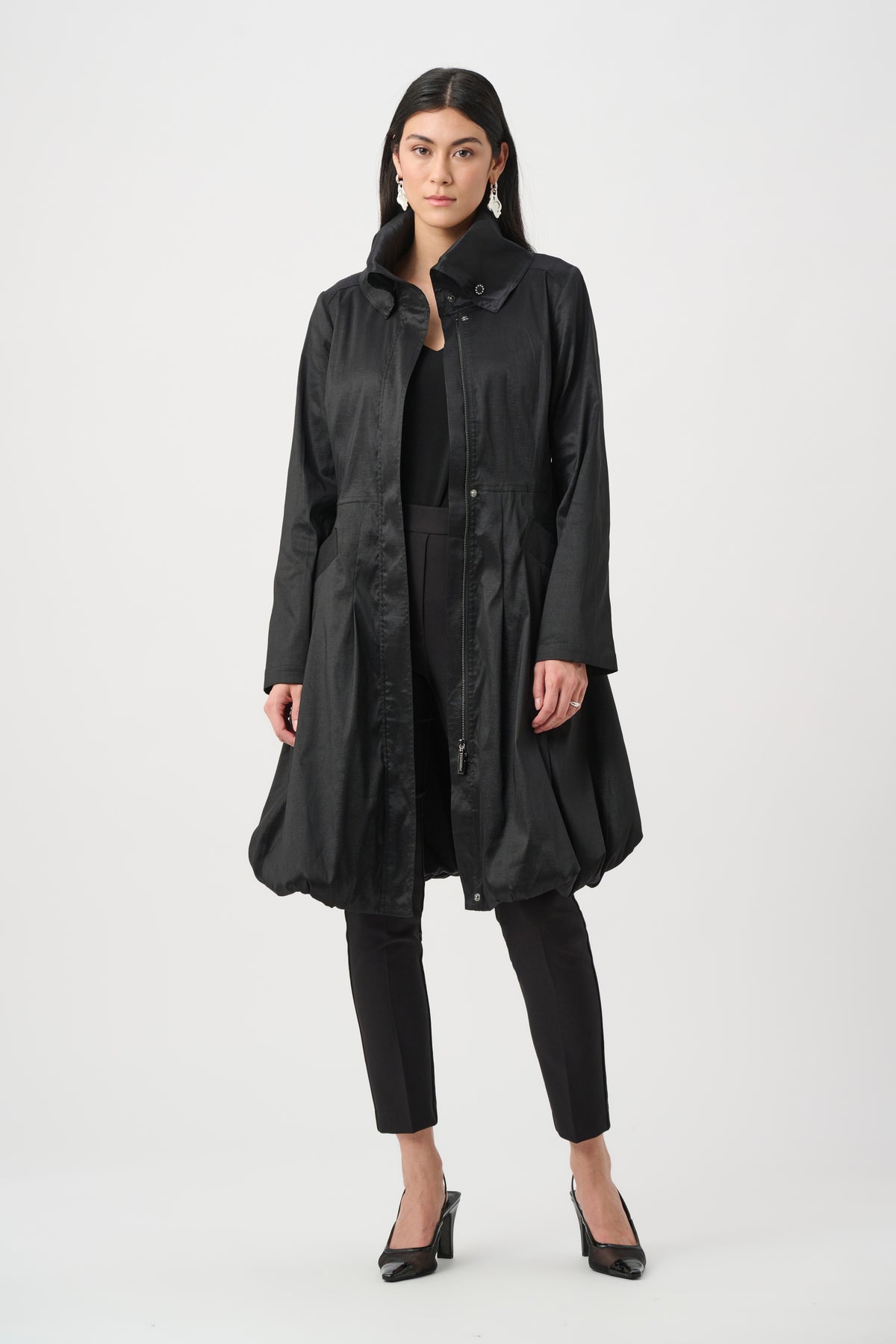 Joseph Ribkoff Black Stretch Taffeta Belted Fit &amp; Flare Balloon Coat