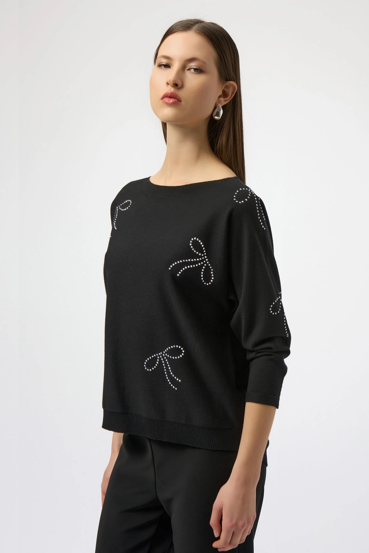 Joseph Ribkoff Black Sweater Knit Pullover with Iron-On Bow Detail