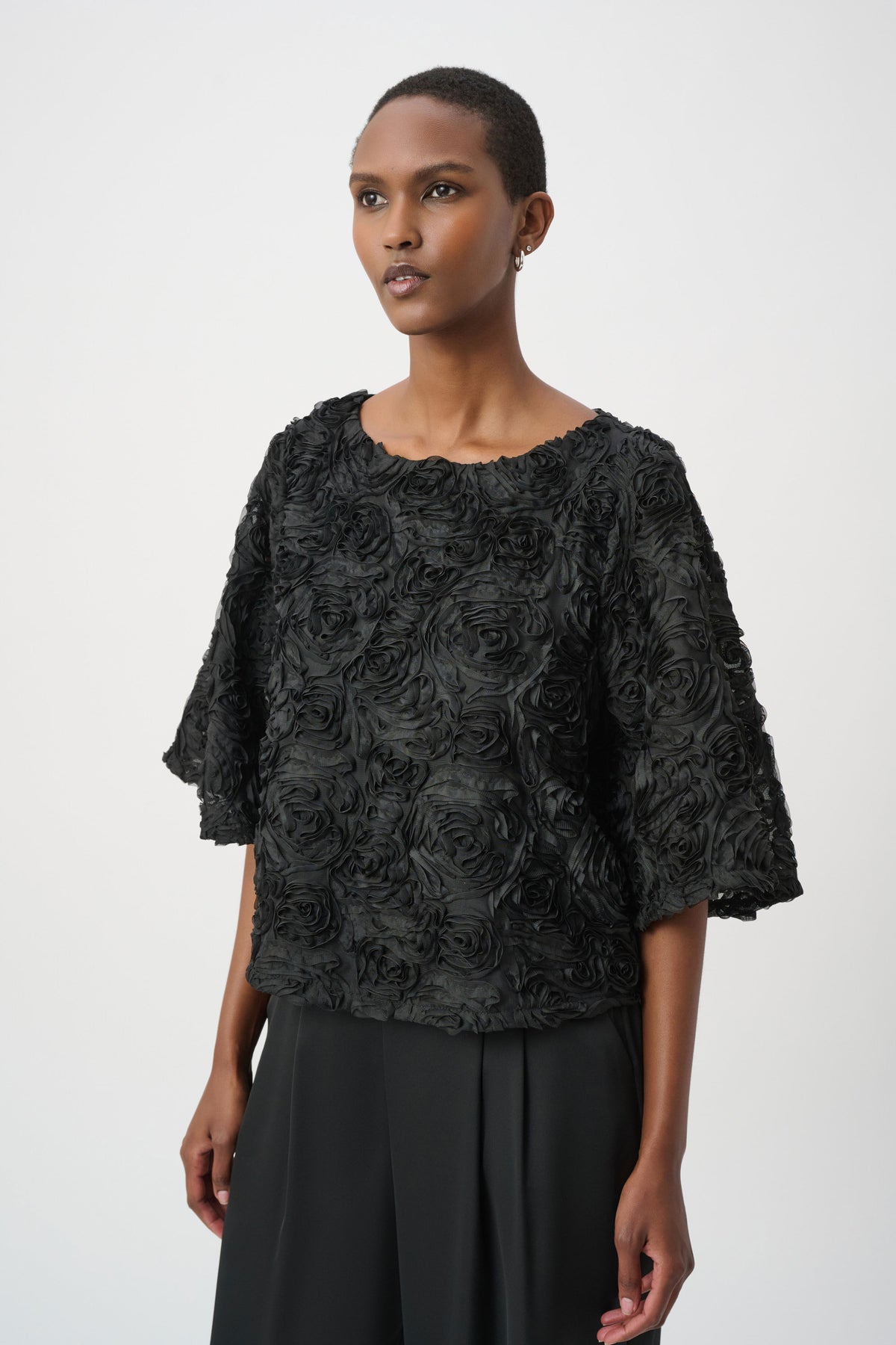 Joseph Ribkoff Black Textured Floral Boxy Top