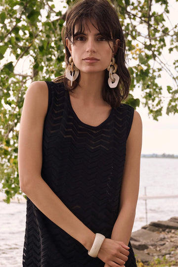 Joseph Ribkoff Black Viscose Jacquard Knit Chevron Stitch Relaxed Tunic Top