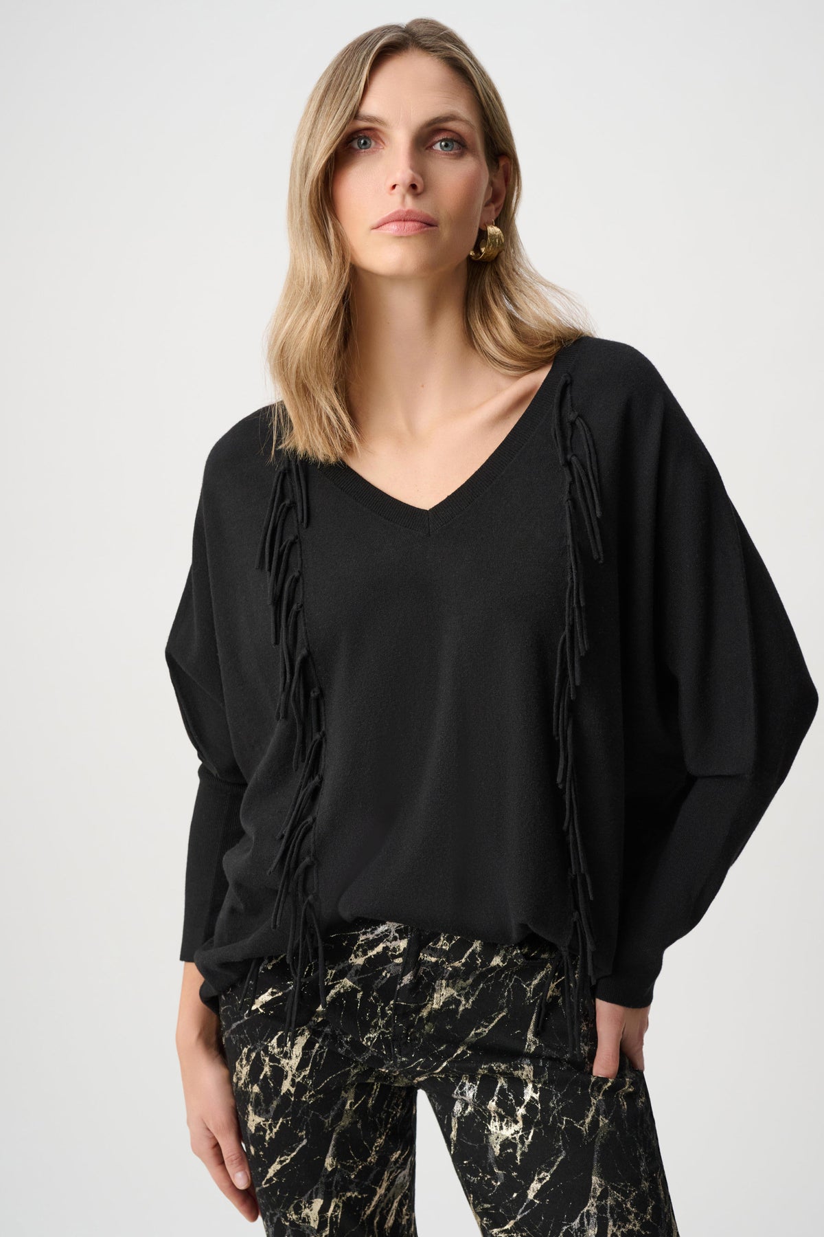 Joseph Ribkoff Black Viscose Knit Fringed Sweater