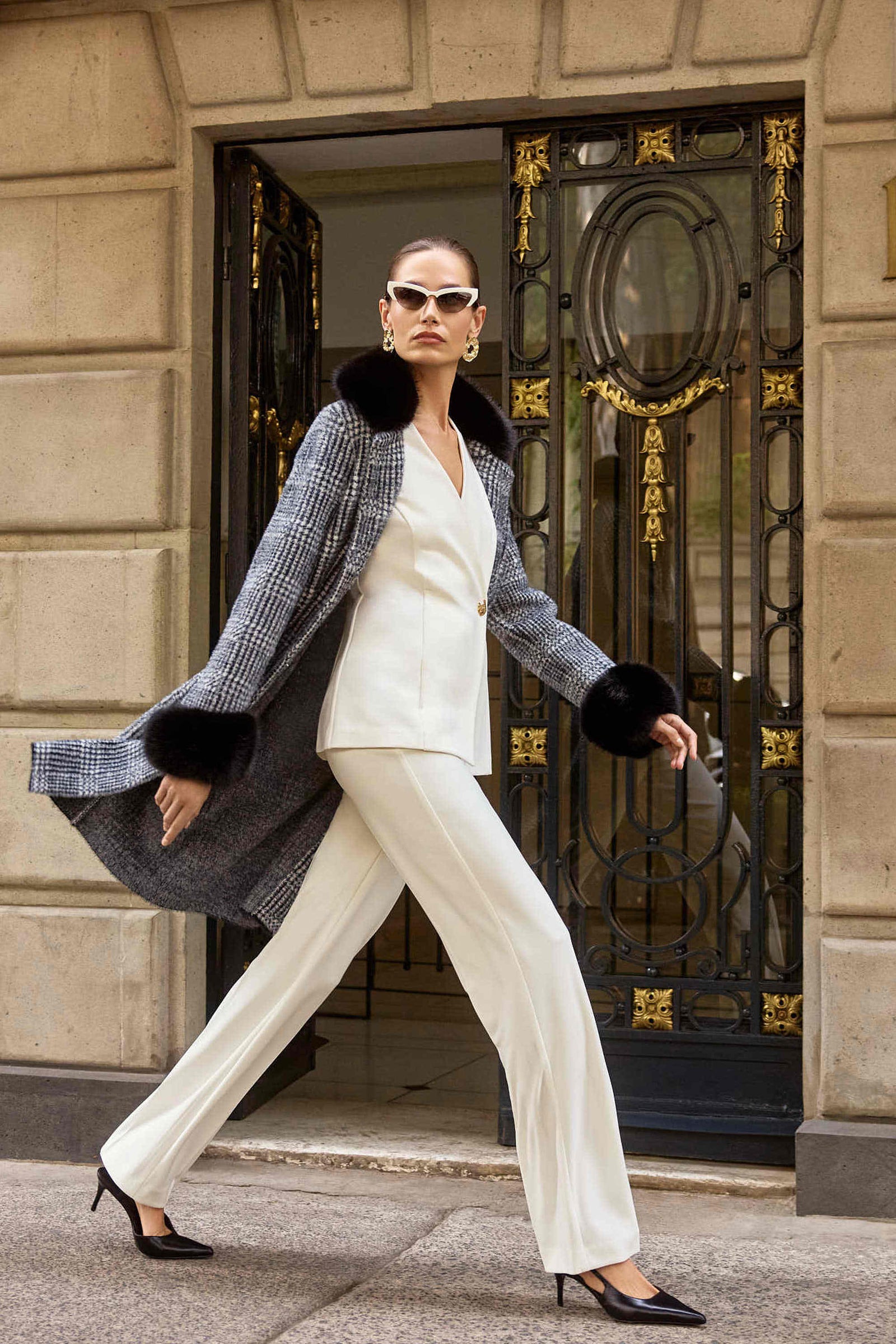 Joseph Ribkoff Black/White Feather Yarn Plaid Jacquard Coat with Faux Fur Trim