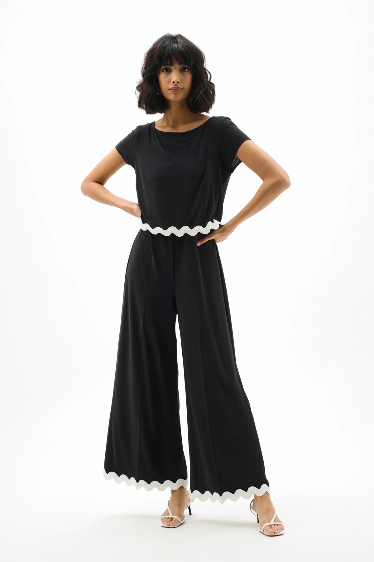 Joseph Ribkoff Black/White Silky Knit Culotte Jumpsuit With Contrast Trim