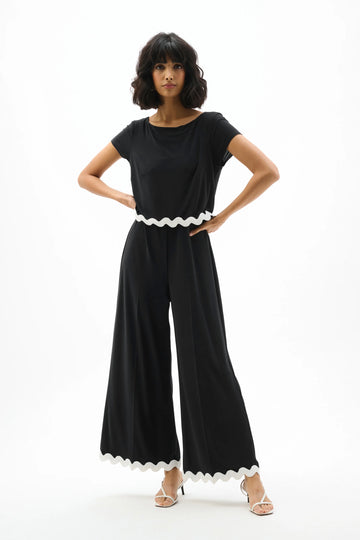 Joseph Ribkoff Black/White Silky Knit Culotte Jumpsuit With Contrast Trim
