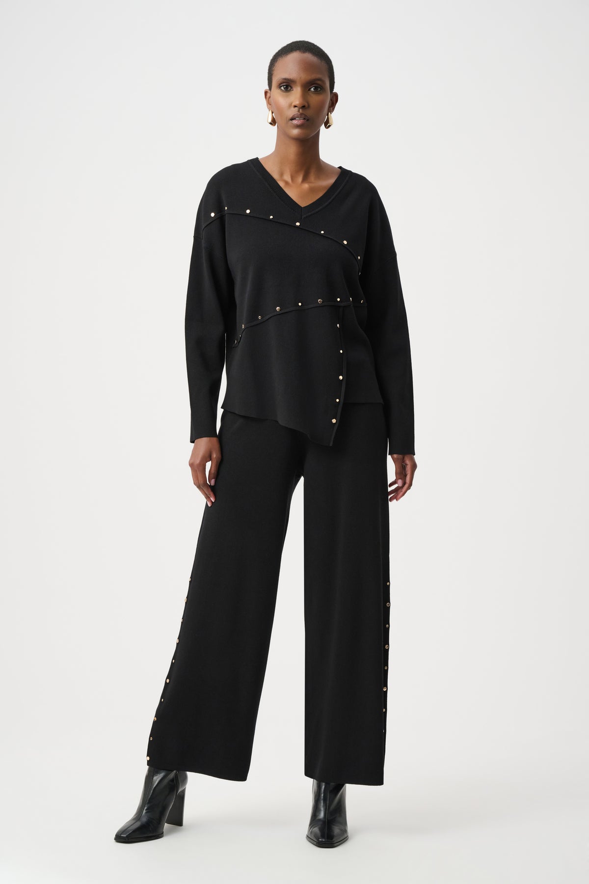 Joseph Ribkoff Black Wide Leg Pull-On Sweater Pants With Metal Stud Detail