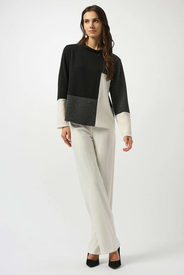 Joseph Ribkoff Black/Winter White/Grey Jacquard Knit Colour-Block Boxy Top