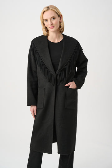 Joseph Ribkoff Black Wool Blend Shawl Collar Fringed Coat