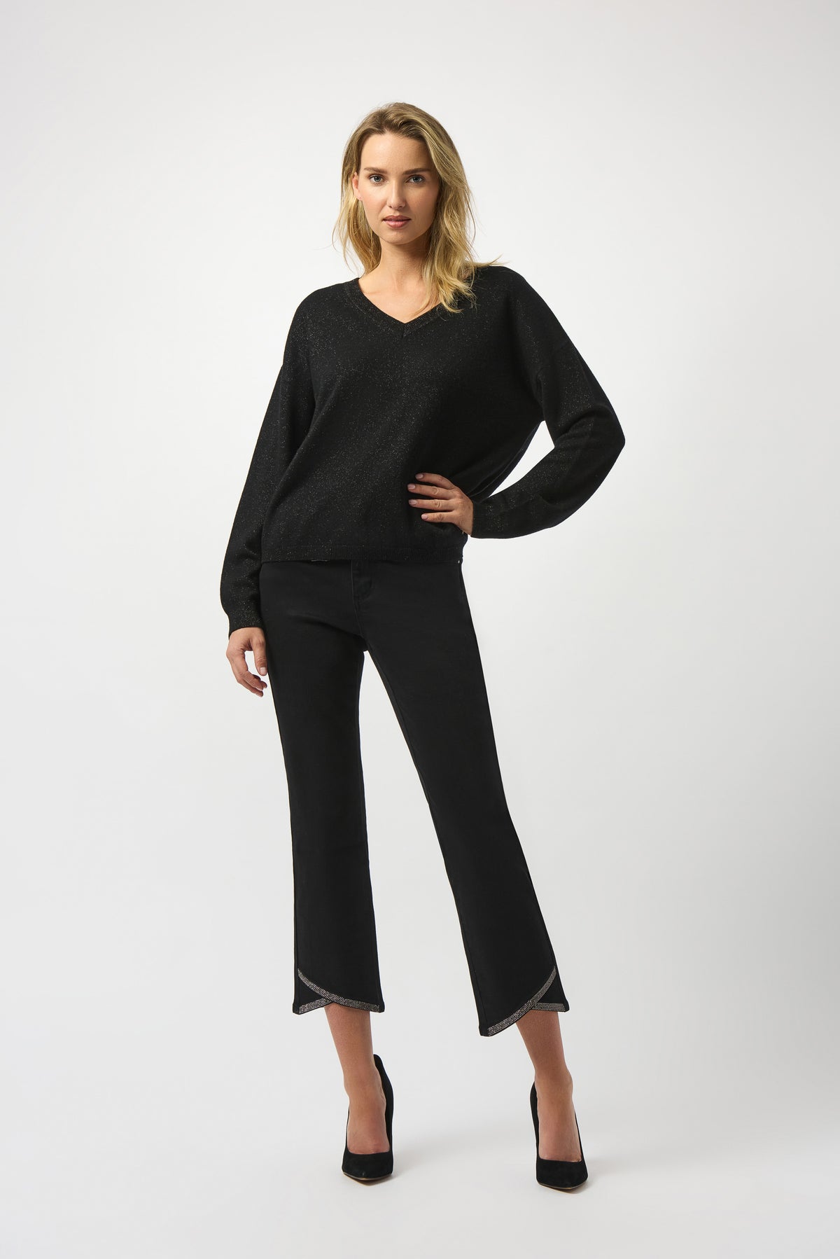 Joseph Ribkoff Black Wool Blend V-Neck Boxy Sweater