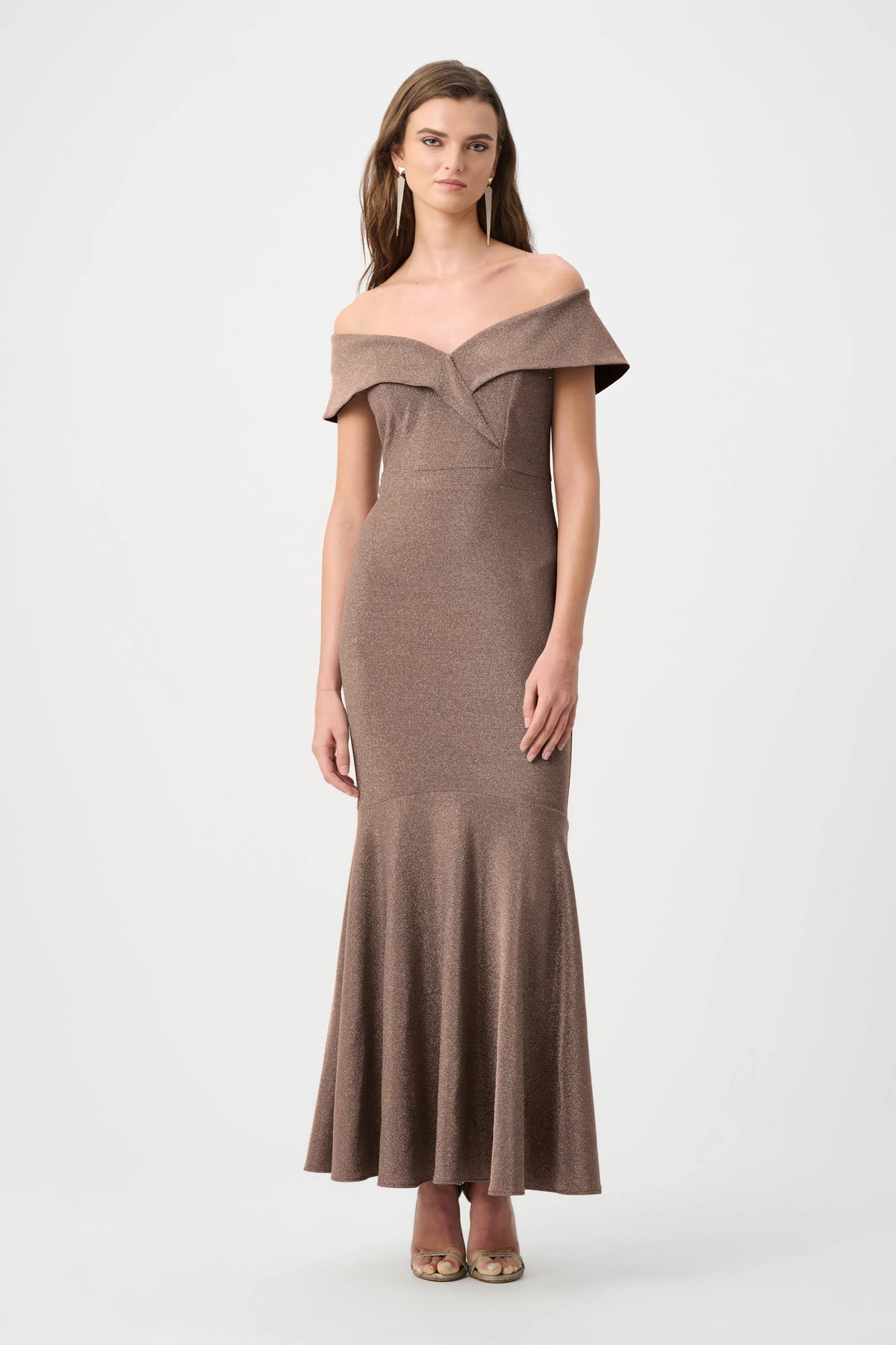 Joseph Ribkoff Bronze Signature | Sparkle Knit Off-Shoulder Trumpet Dress