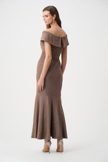 Joseph Ribkoff Bronze Signature | Sparkle Knit Off-Shoulder Trumpet Dress