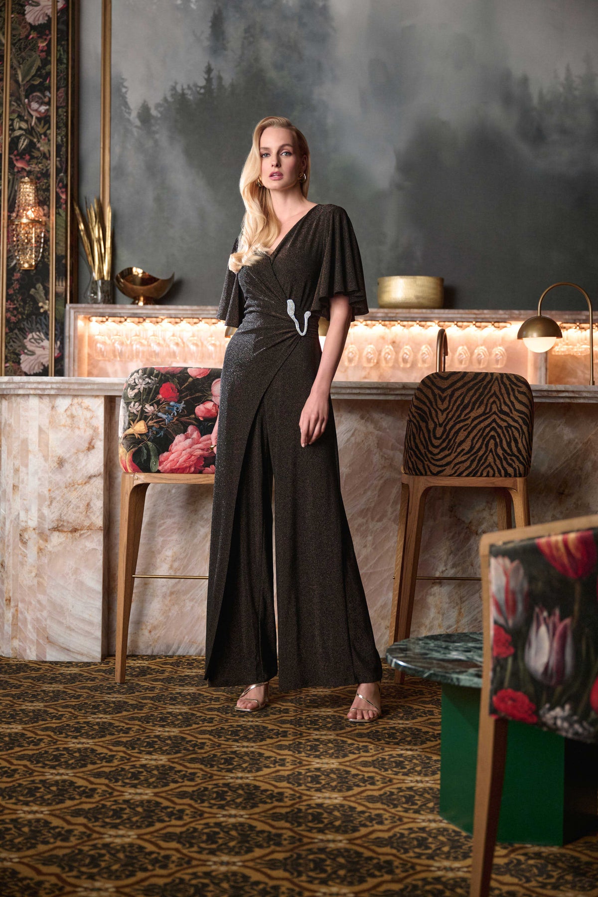 Joseph Ribkoff Bronze Signature |Sparkle Knit Wide Leg Wrap Jumpsui