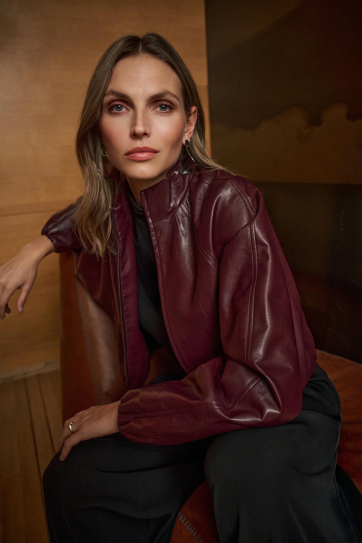 Joseph Ribkoff Burgundy Leatherette Mock-Neck Bomber Jacket