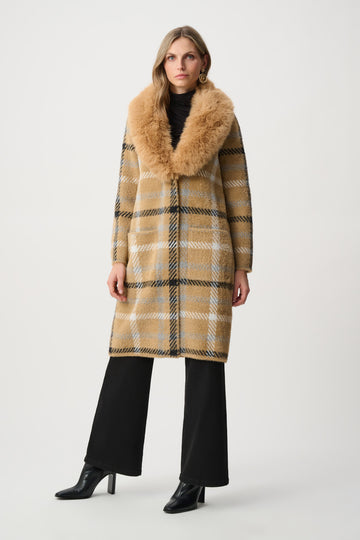 Joseph Ribkoff Camel Feather Yarn Plaid Coat With Detachable Faux Fur Collar