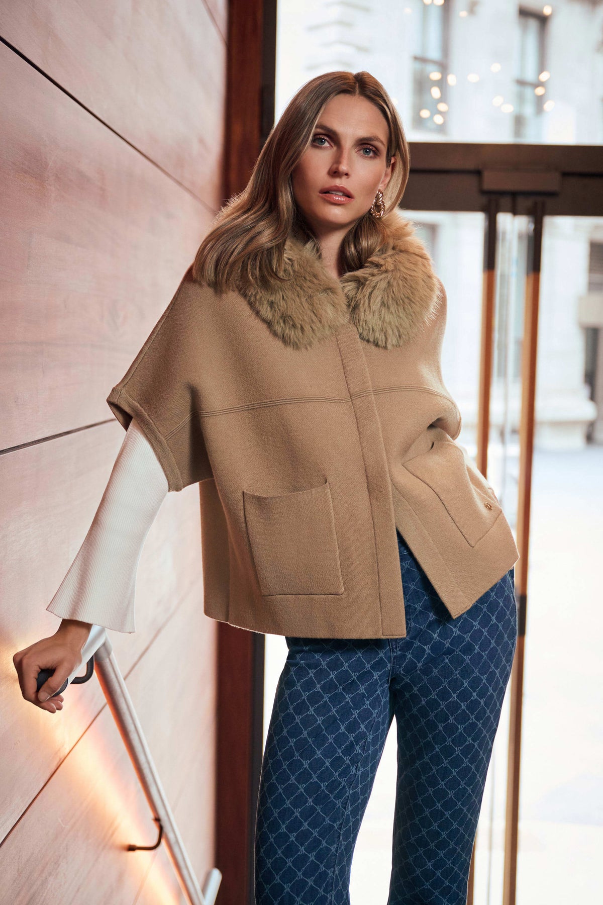 Joseph Ribkoff Camel Sweater Knit Jacket With Detachable Faux Fur Collar