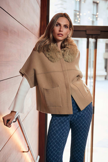 Joseph Ribkoff Camel Sweater Knit Jacket With Detachable Faux Fur Collar