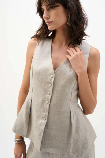 Joseph Ribkoff Champagne Foiled Linen Peplum Vest