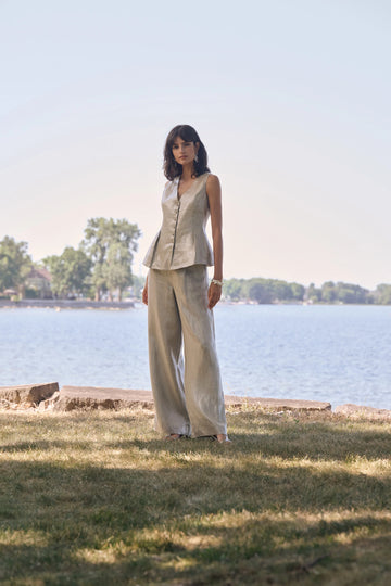 Joseph Ribkoff Champagne Foiled Linen Pull-On Wide Leg Pants