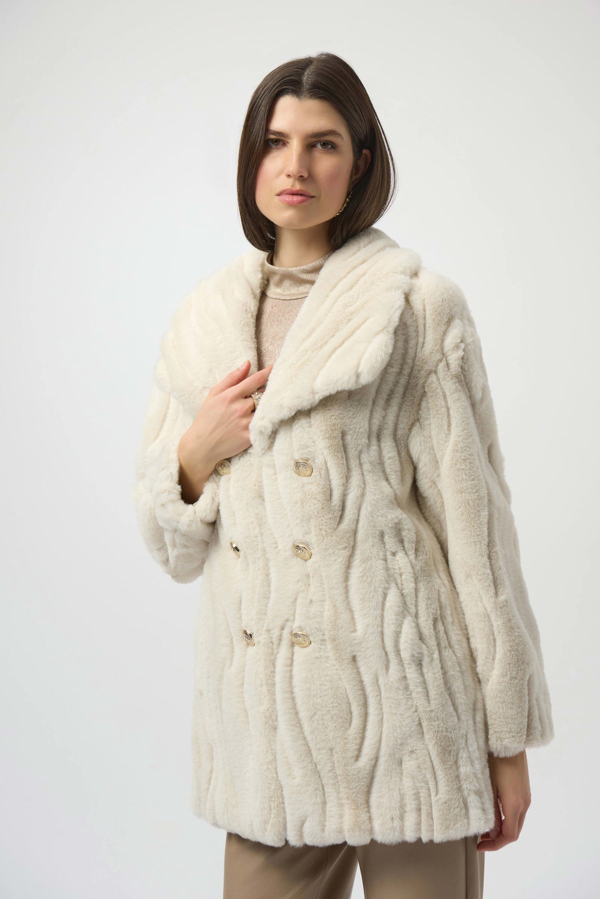 Joseph Ribkoff Cream Textured Faux Fur Shawl Collar Coat