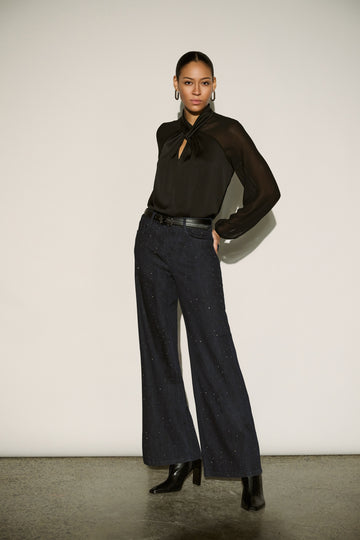 Joseph Ribkoff Dark Denim Blue Classic Rhinestone Wide-Leg Jeans