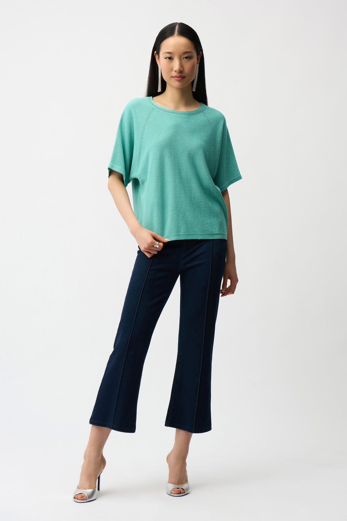 Joseph Ribkoff Dark Denim Blue Knit Cropped Flare Pant