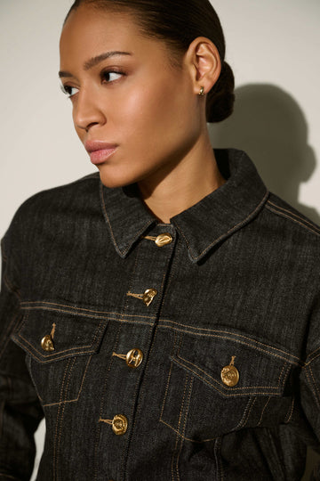 Joseph Ribkoff Dark Denim Blue Statement Button Cropped Denim Jacket