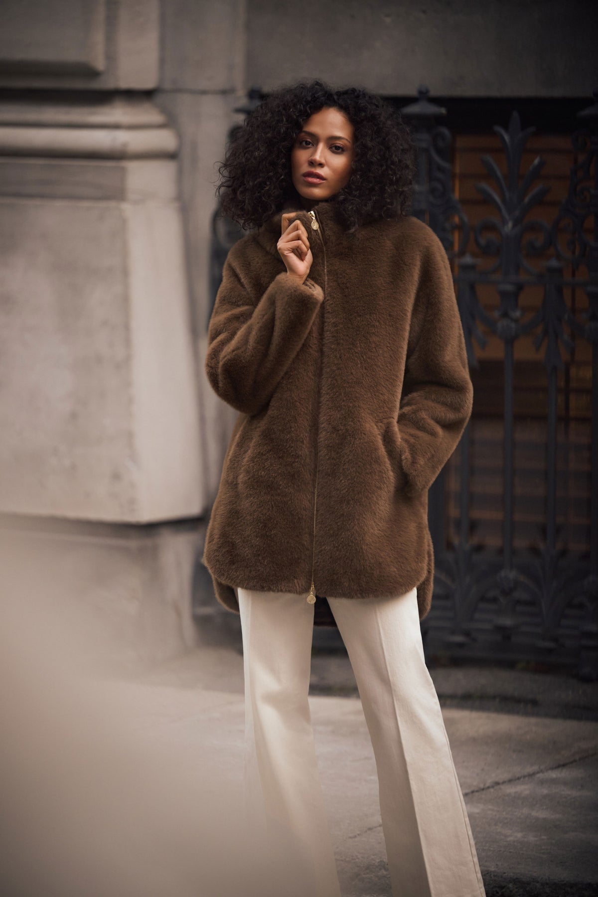 Joseph Ribkoff Dark Mink Faux Fur Hooded Coat