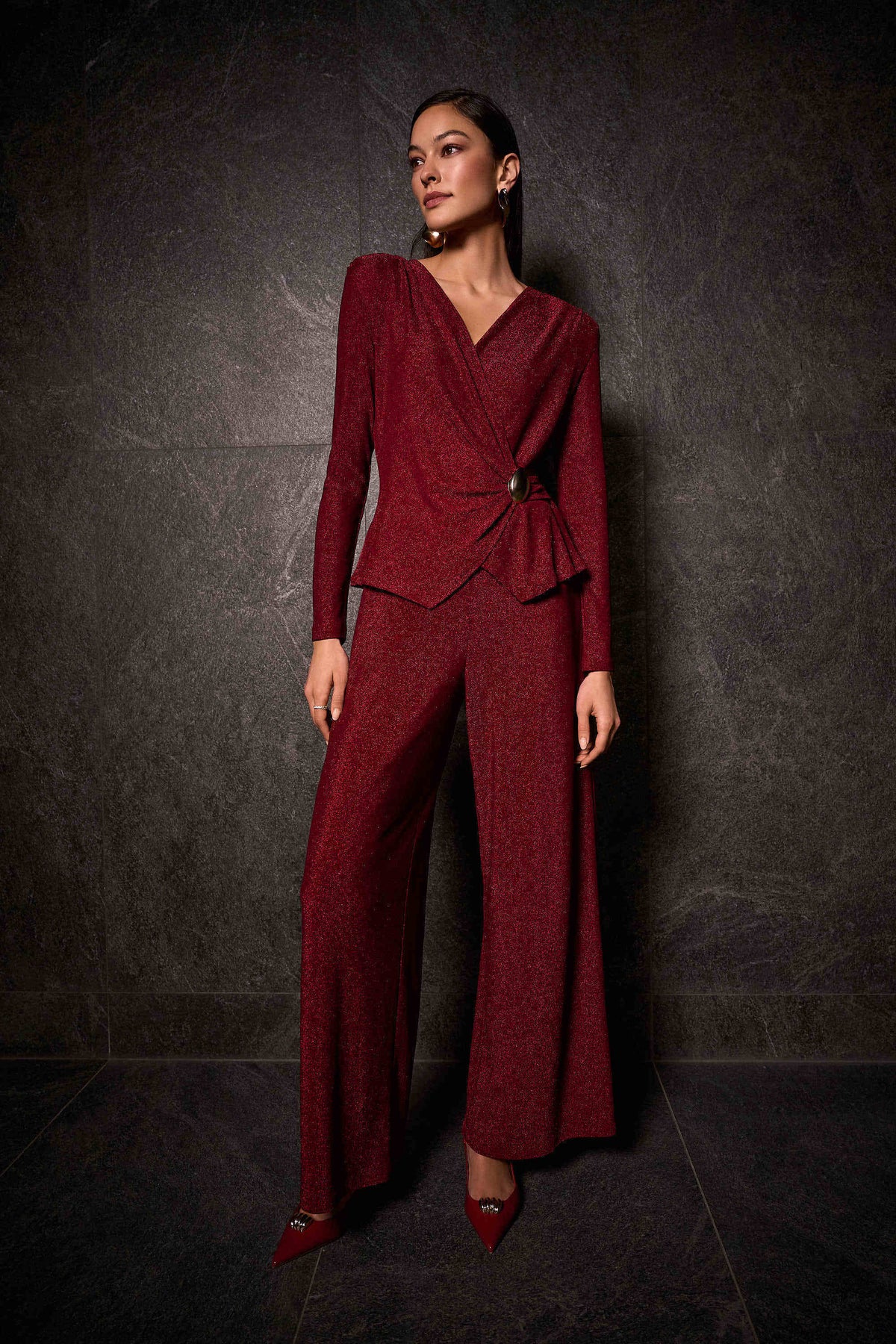 Joseph Ribkoff Deep Cherry Lurex Knit Wide-Leg Jumpsuit