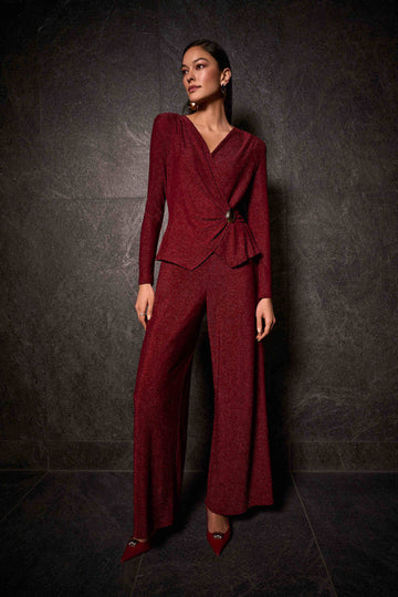 Joseph Ribkoff Deep Cherry Lurex Knit Wide-Leg Jumpsuit