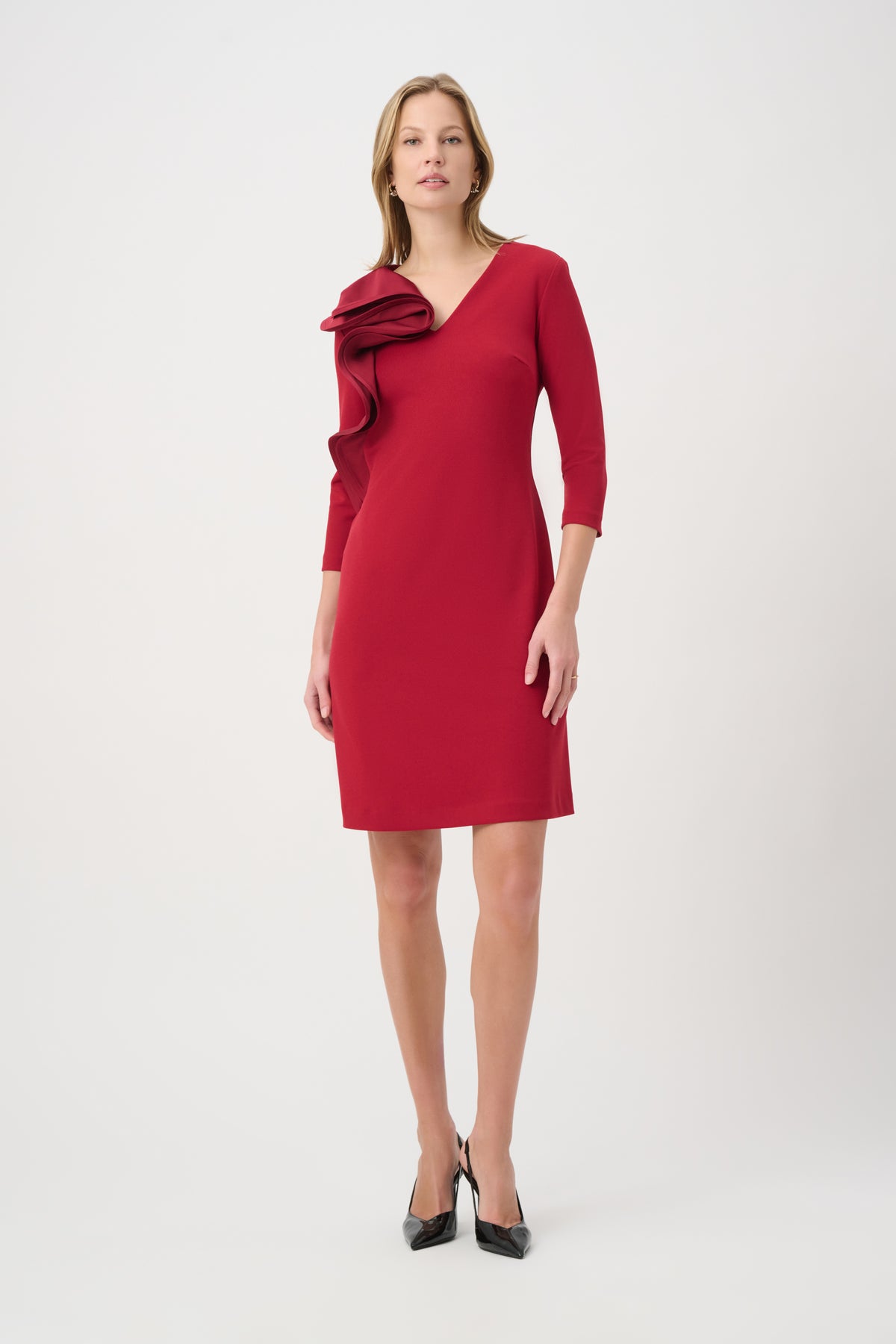 Joseph Ribkoff Deep Cherry Statement Ruffle A-Line Dress