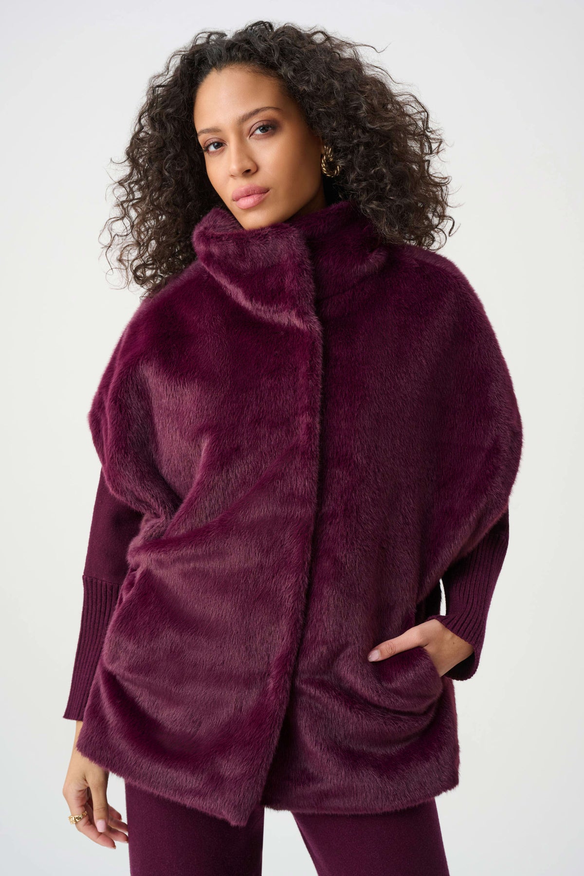 Joseph Ribkoff Elderberry Faux Fur Funnel-Neck Boxy Vest