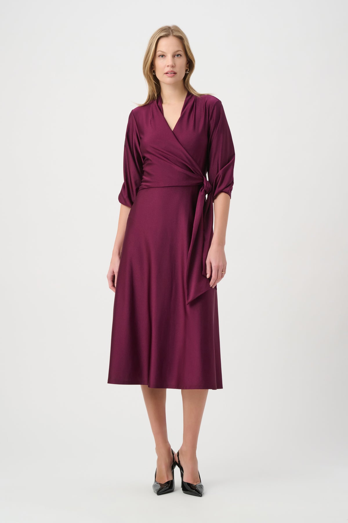 Joseph Ribkoff Elderberry Knit Satin Flowy Wrap Dress