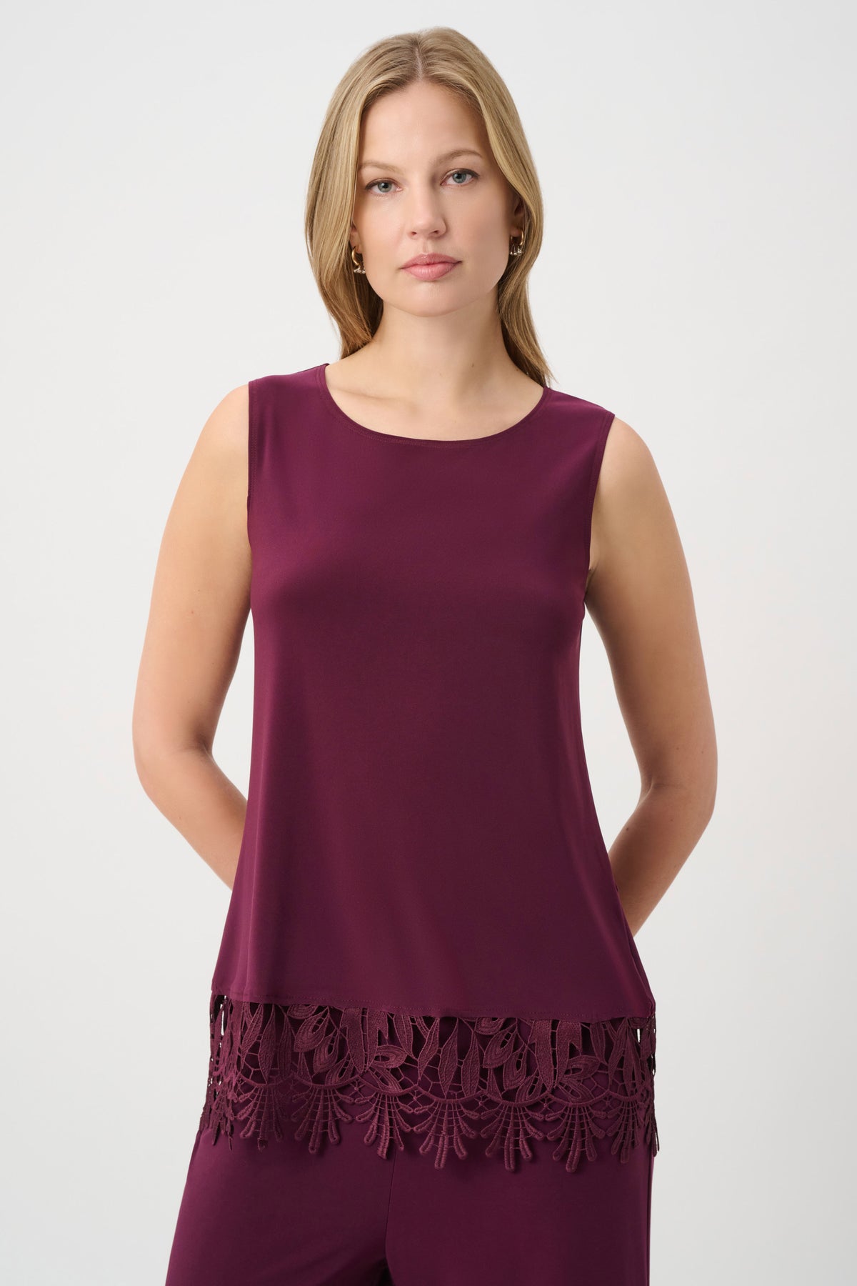 Joseph Ribkoff Elderberry Lace Hem Sleeveless Top