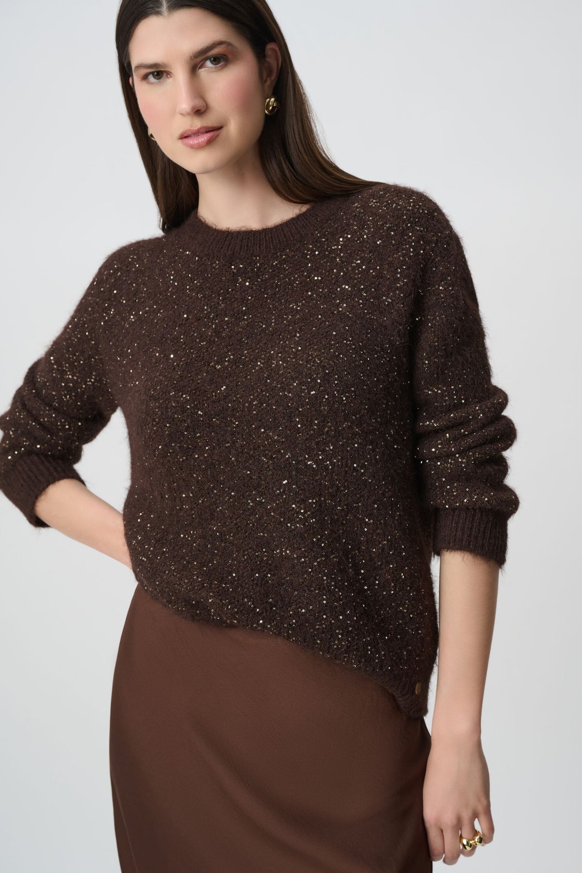 Joseph Ribkoff Elizabeth Hurley Icon Edit 57 Sequin Brown Sweater 