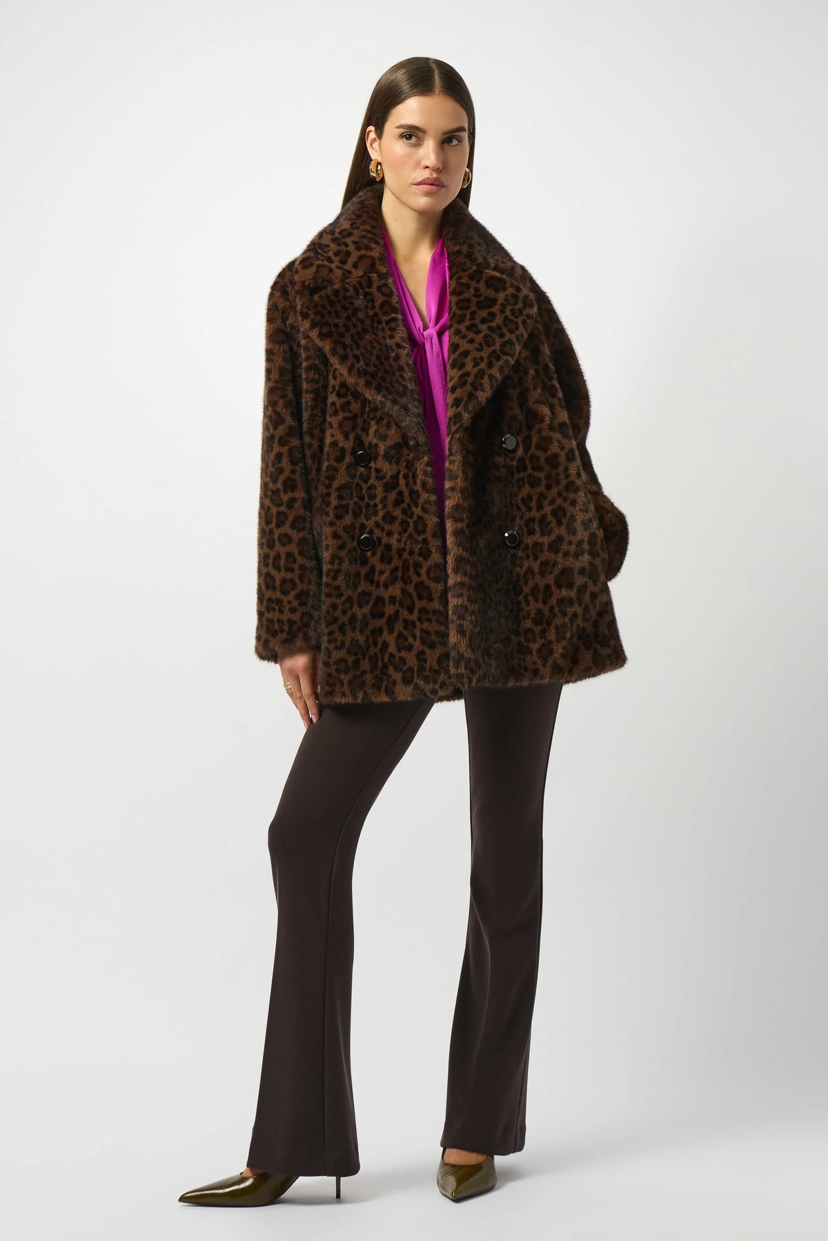Joseph Ribkoff Faux Fur Leopard Print Double-Breasted Coat