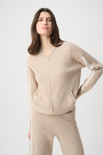 Joseph Ribkoff Fawn Melange/Winter White Striped Sleeve Bomber Jacket