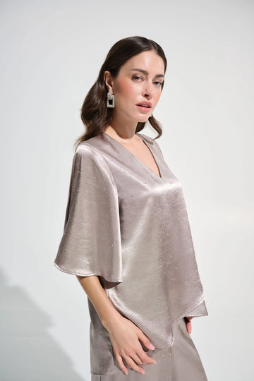 Joseph Ribkoff Feather Grey Signature | Satin Rhinestone Boxy Tunic With Flutter Sleeves