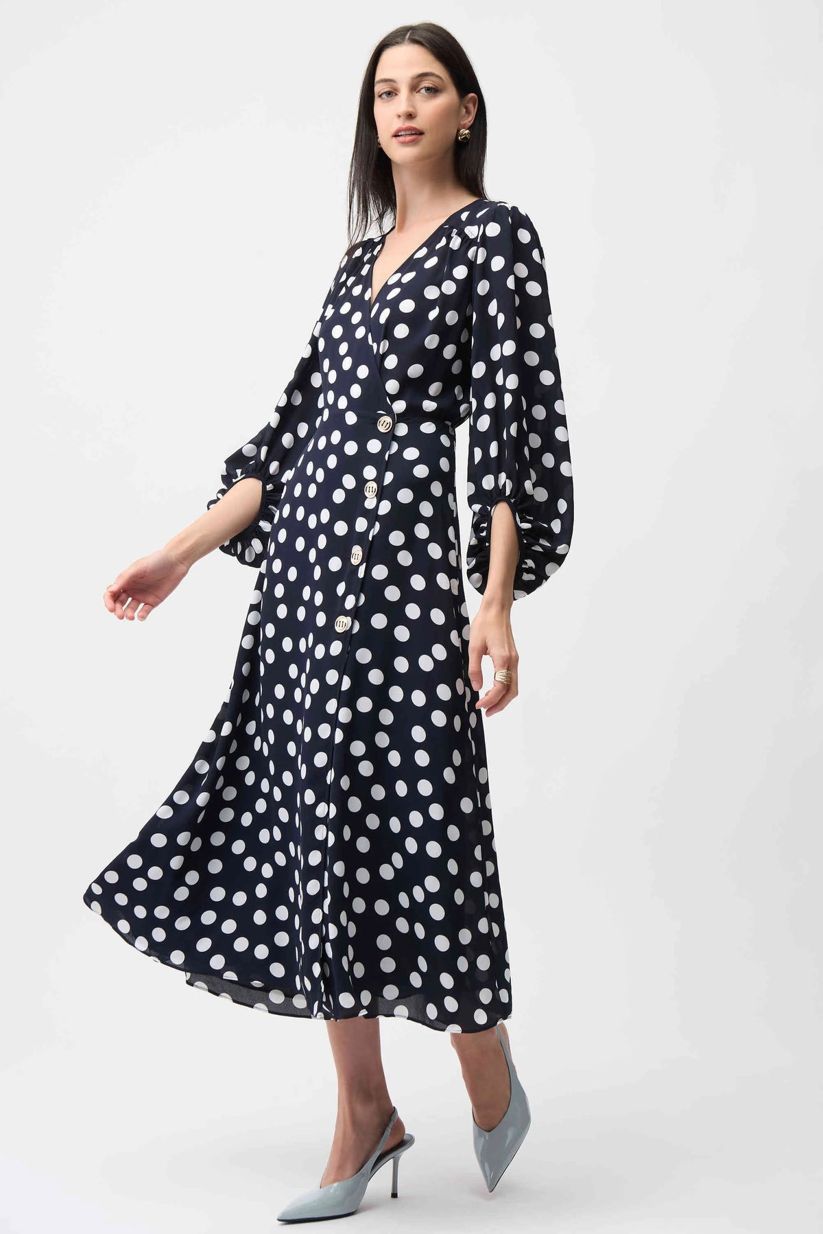 Joseph Ribkoff Georgette Dot Print Wrap Dress With Puff Sleeves