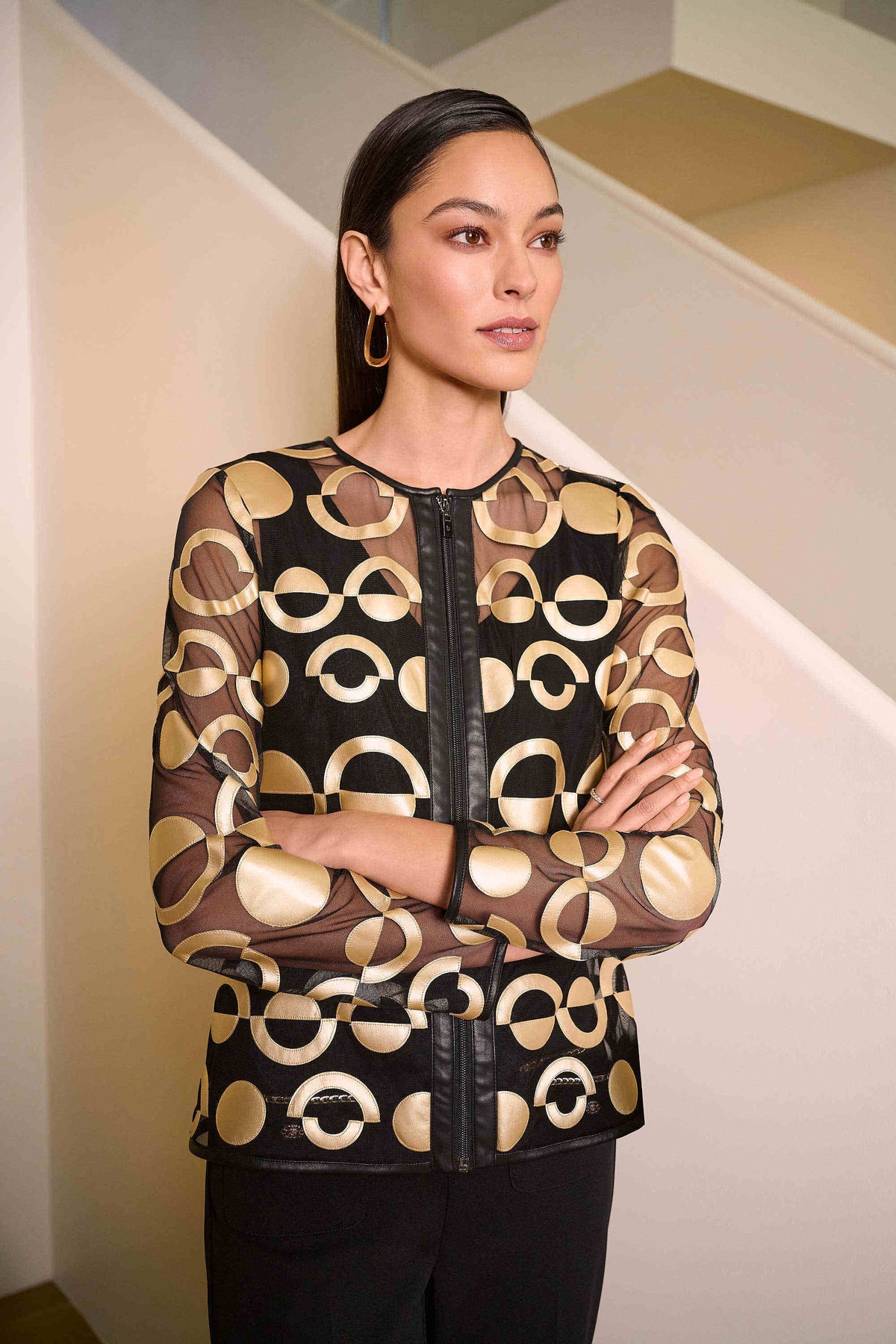 Joseph Ribkoff Gold/Black Mesh and Leatherette Collarless Jacket