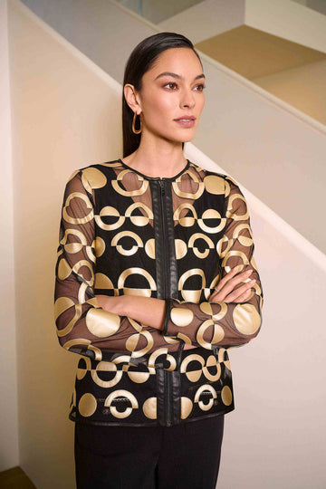 Joseph Ribkoff Gold/Black Mesh and Leatherette Collarless Jacket