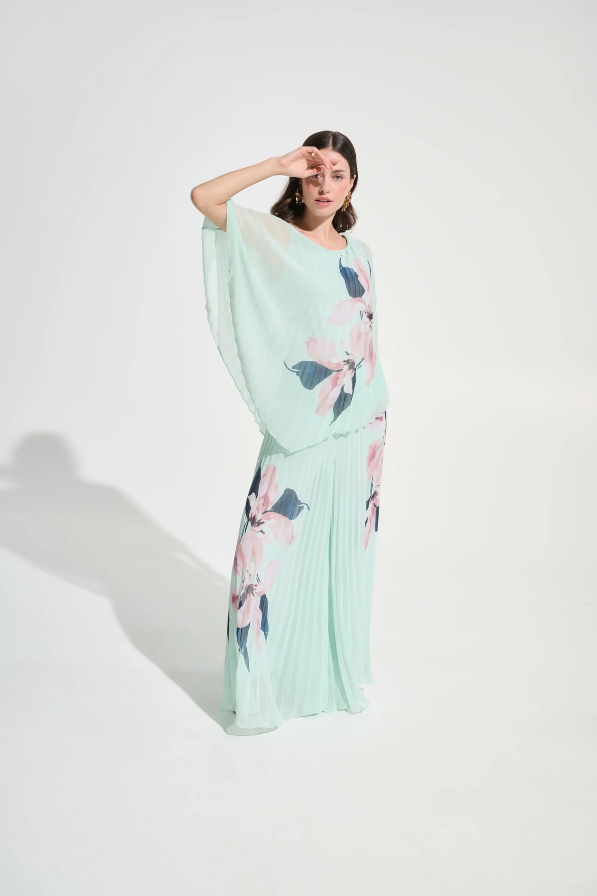 Joseph Ribkoff Green/Multi Signature | Chiffon Floral Print Pleated Poncho Top
