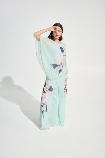 Joseph Ribkoff Green/Multi Signature | Chiffon Floral Print Pleated Poncho Top